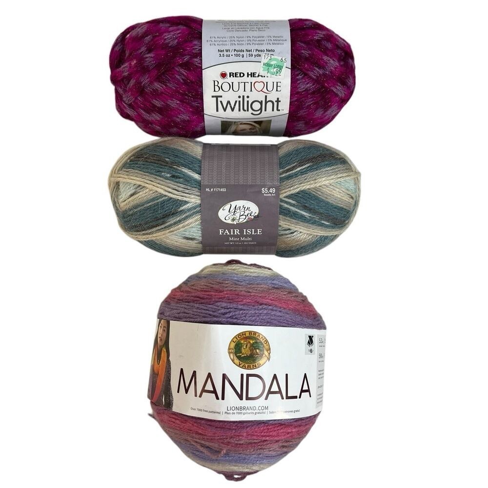 Lion Brand Mandala Yarn Bee Fair Isle Red Heart Boutique Twilight Yarn Lot 3 Mix
